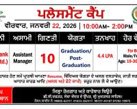 ਜ਼ਿਲ੍ਹਾ ਰੋਜ਼ਗਾਰ ਅਤੇ ਕਾਰੋਬਾਰ ਬਿਊਰੋ ਵਿਖੇ 22 ਜਨਵਰੀ ਨੂੰ ਲਗਾਇਆ ਜਾ ਰਿਹਾ ਹੈ ਪਲੇਸਮੈਂਟ ਕੈਂਪ